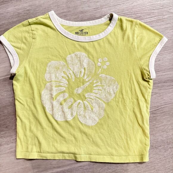 Hollister 100% Cotton Light Green Hibiscus Ringer Crop Tee Shirt Size Small - Picture 3 of 5